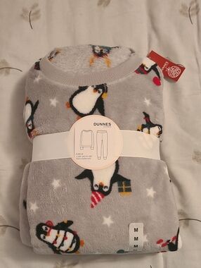 Dunnes Stores Women's Grey Penguin Fleece Cuffed Pajama Set